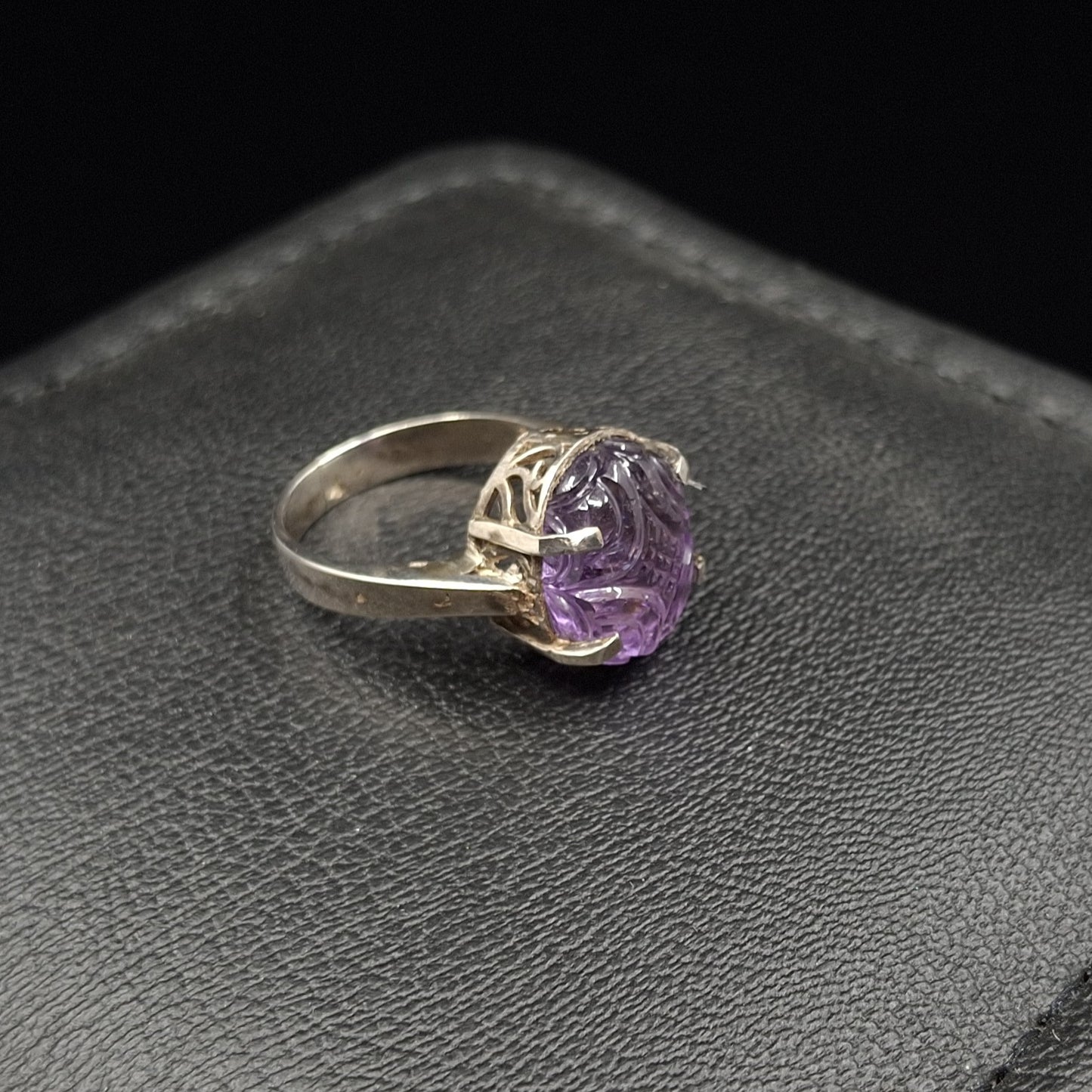 Carved Amethyst on Silver Ring