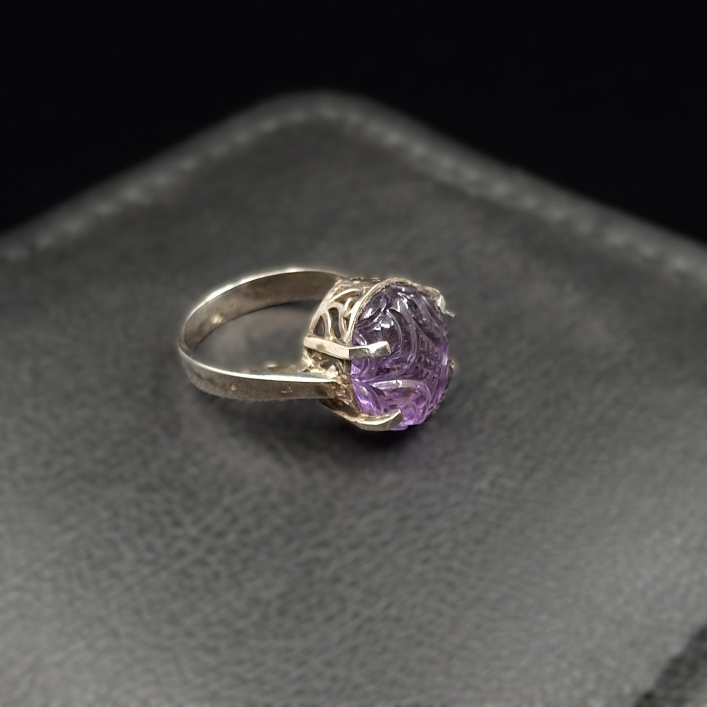 Carved Amethyst on Silver Ring