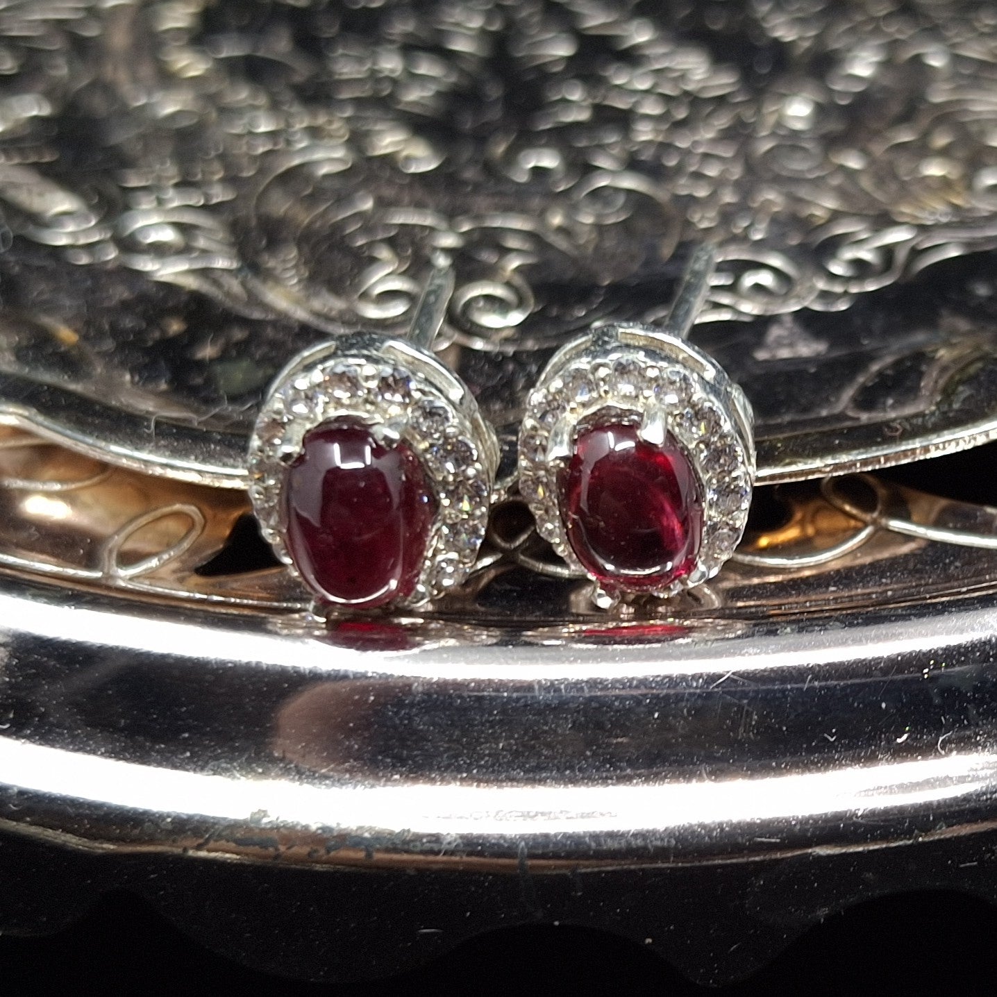 African Ruby Cabochons and Zircon on Silver Studs