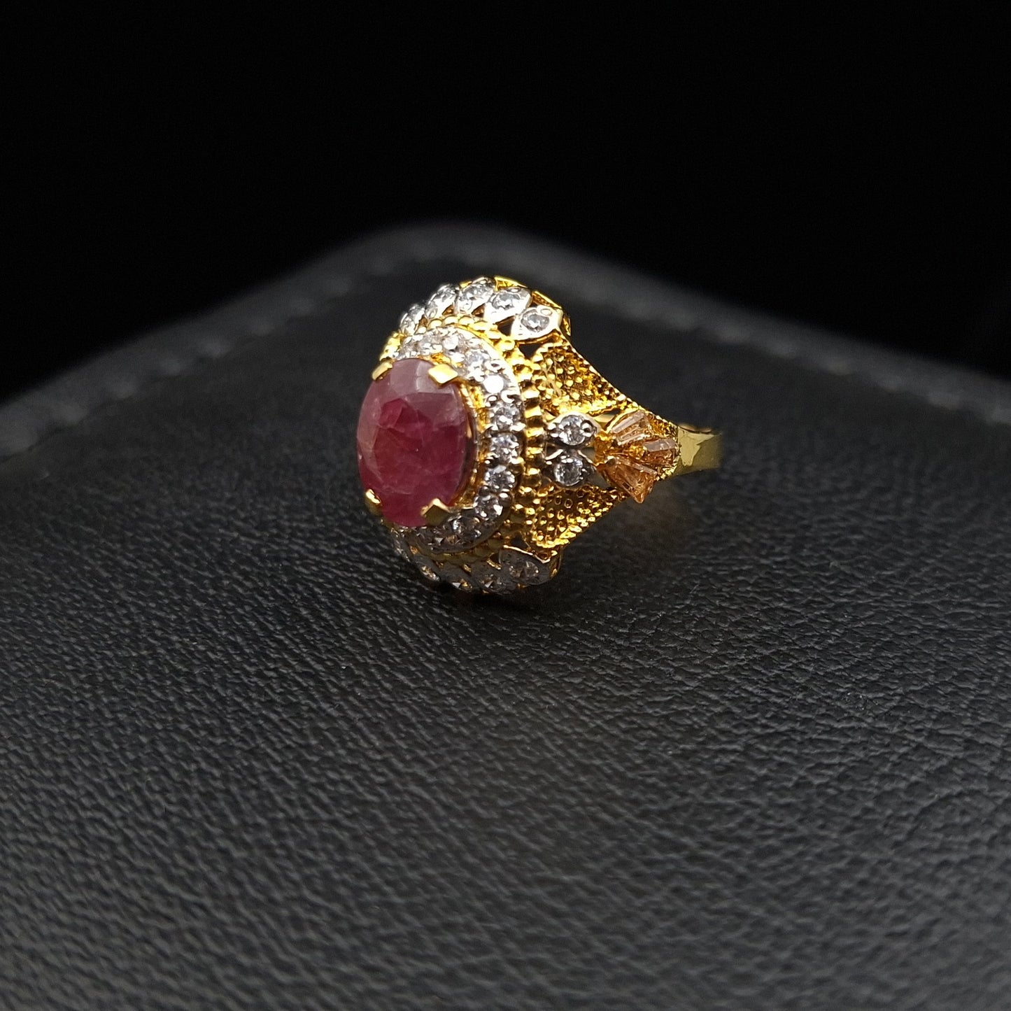 Enhanced Ruby on Hand-crafted Turkish Ring Adorned with Cubic Zirconia Accents