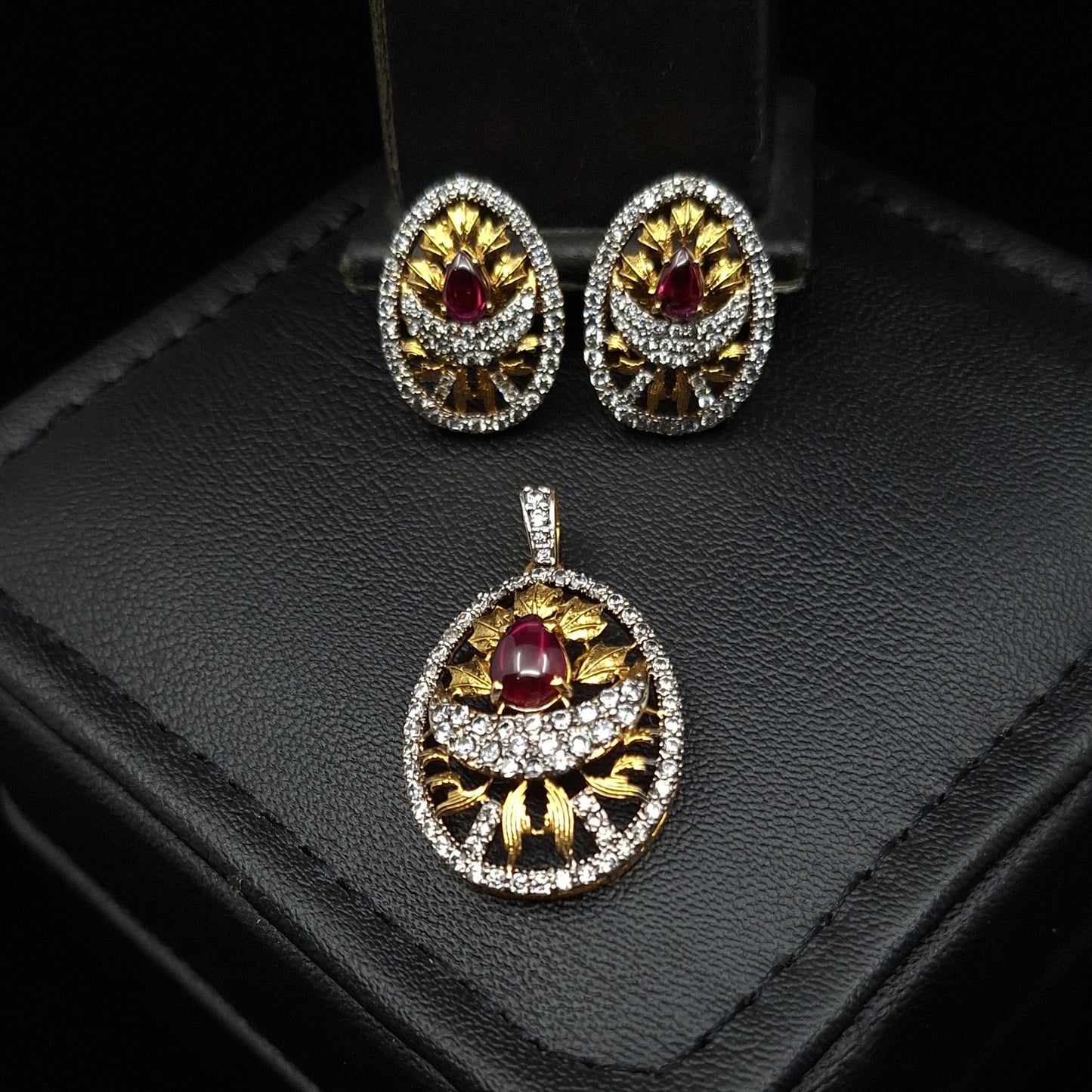 Silver and Zirconia with Chetam Ruby Gold-plated Pendant Set