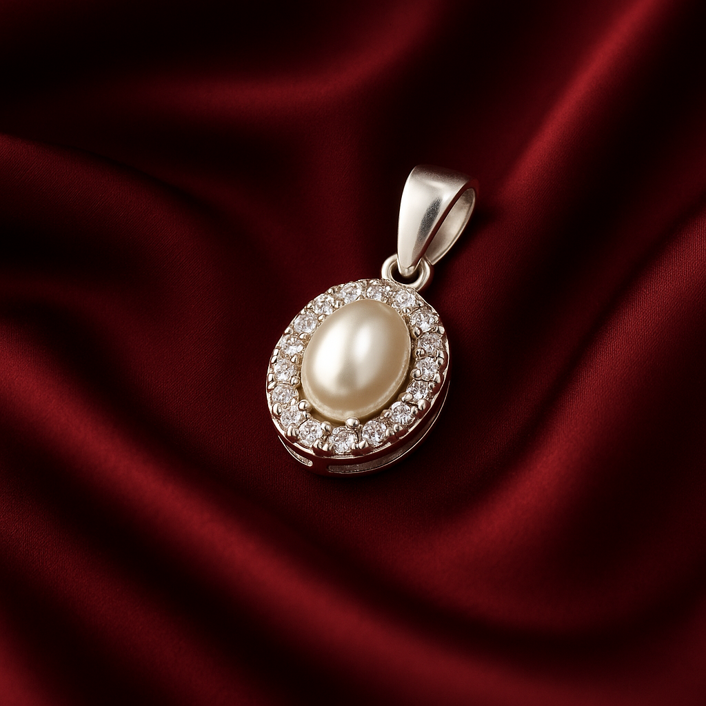 Cultured Pearl and Zirconia on Silver Pendant