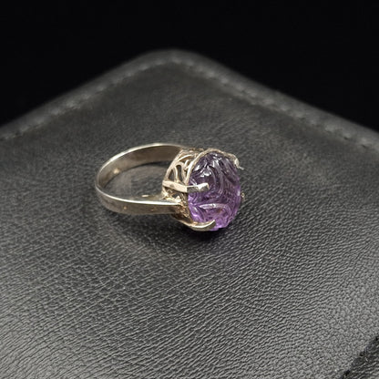 Carved Amethyst on Silver Ring