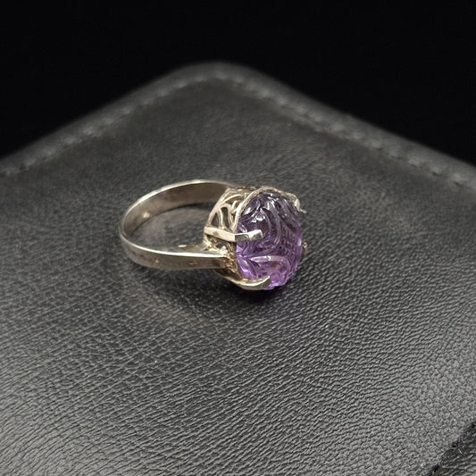 Carved Amethyst on Silver Ring