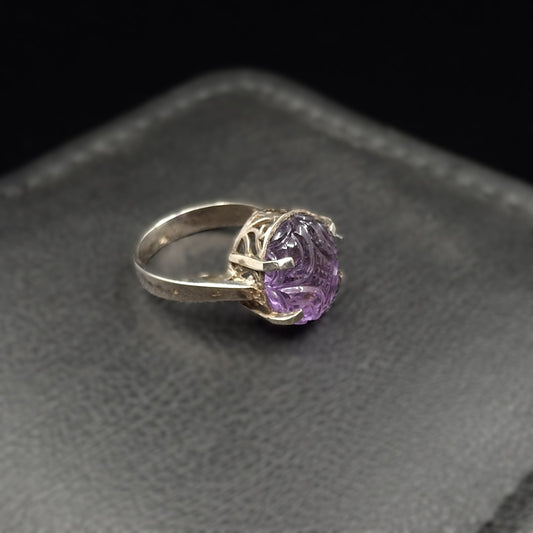 Carved Amethyst on Silver Ring