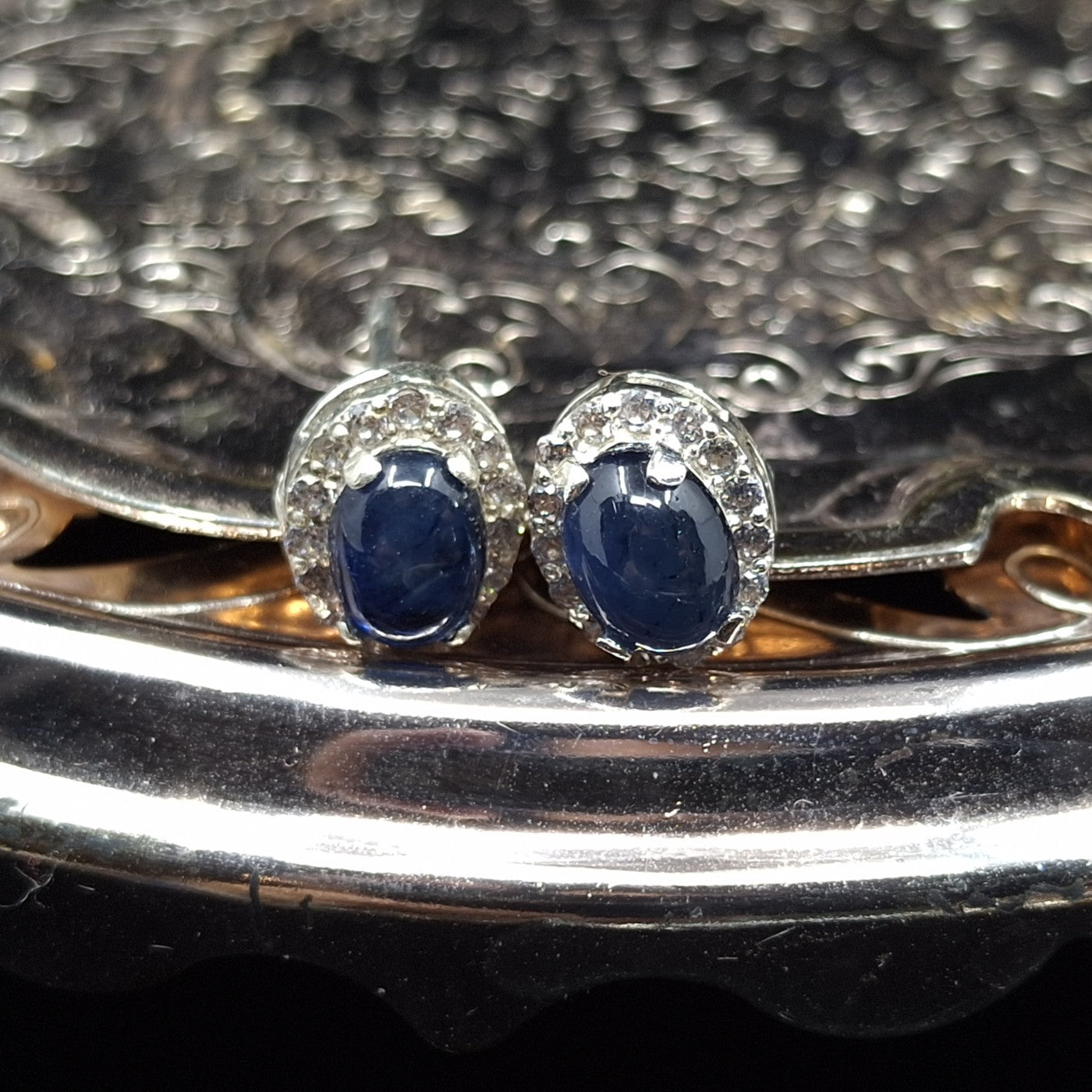 Sapphire Cabochon and Zircon on Silver Earrings