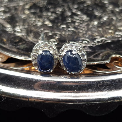 Sapphire Cabochon and Zircon on Silver Earrings