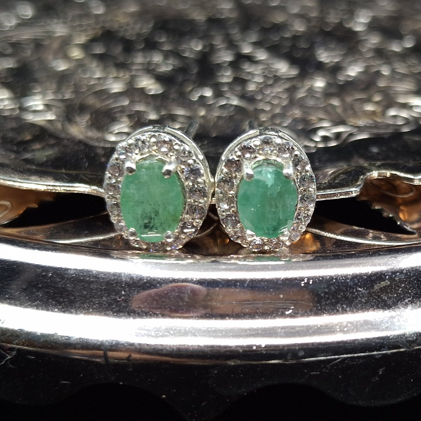Natural Emerald and Zircon on Silver Earrings