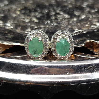 Natural Emerald and Zircon on Silver Earrings