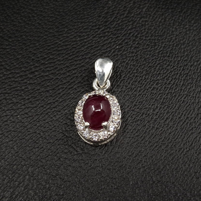 African Ruby Cabochon and Zircon on Silver Pendant