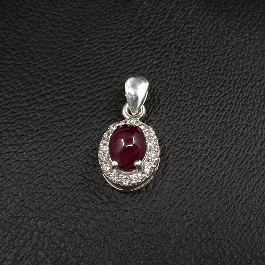 African Ruby Cabochon and Zircon on Silver Pendant