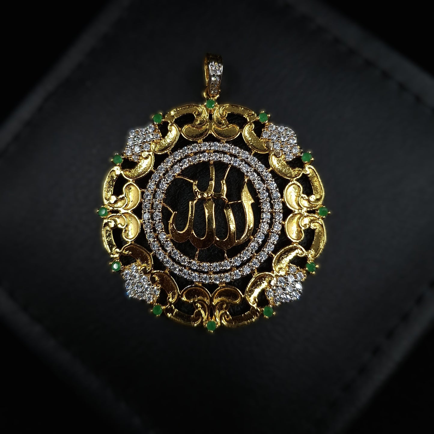 Allah Pendant in 925-Silver with Clear and Green Zirconium Setting Gold-plated