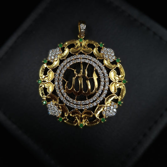 Allah Pendant in 925-Silver with Clear and Green Zirconium Setting Gold-plated