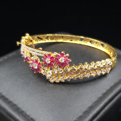 Pink Floral Zirconium Gold-plated Silver Bangle