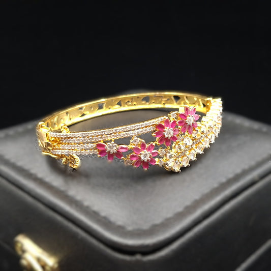 Pink Floral Zirconium Gold-plated Silver Bangle
