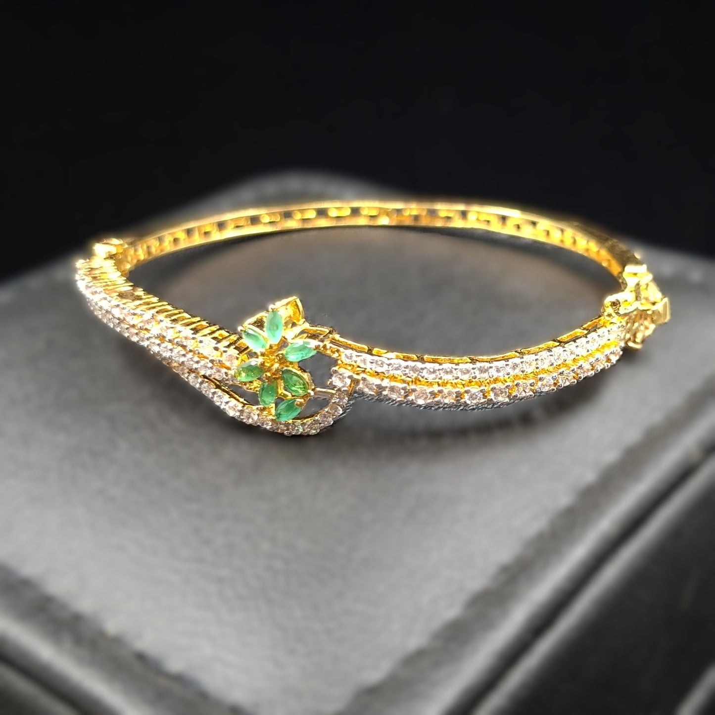 Green Zirconium Floral Setting Gold Plated Silver Bangle