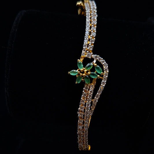 Green Zirconium Floral Setting Gold Plated Silver Bangle