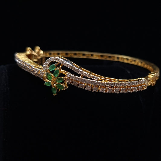 Green Zirconium Floral Setting Gold Plated Silver Bangle