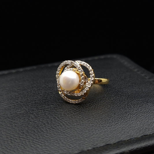 Freshwater Pearl Adorned with Spiral Loop Cubic Zirconia on Gold-plated Silver Ring
