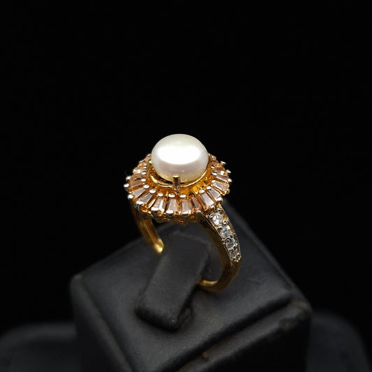 Freshwater Pearl with Orange Emerald-cut Zirconia Side Stones on Gold-plated Silver Ring