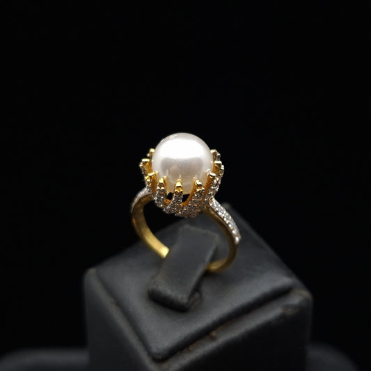 Freshwater Pearl and Zirconium on Gold-Plated Silver Ring