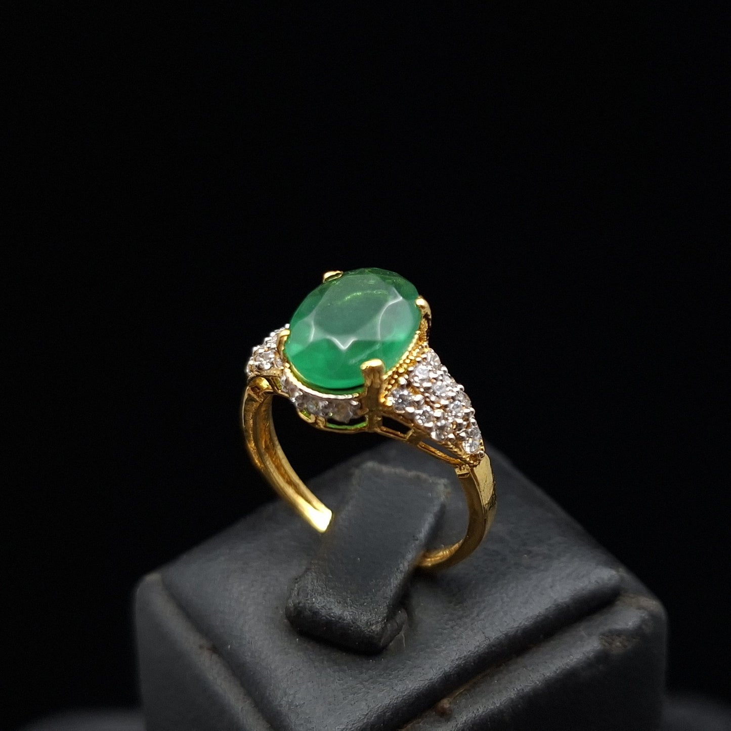 Green Onyx and Zirconium on Gold-Plated Silver Ring