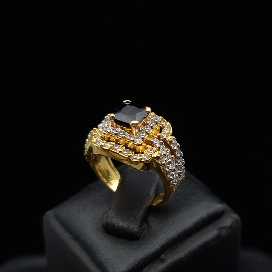 Mughal Style Sapphire on Gold-plated Silver Ring Adorned with Cubic Zirconia