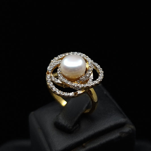 Freshwater Pearl Adorned with Spiral Loop Cubic Zirconia on Gold-plated Silver Ring