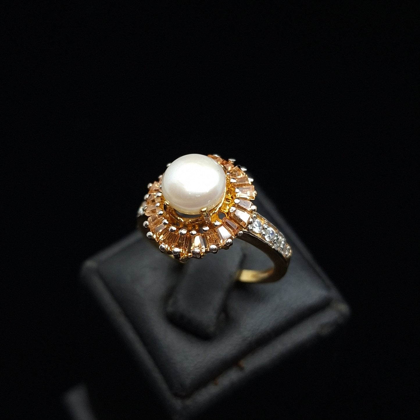 Freshwater Pearl with Orange Emerald-cut Zirconia Side Stones on Gold-plated Silver Ring