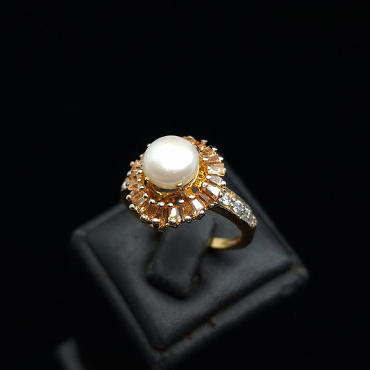 Freshwater Pearl with Orange Emerald-cut Zirconia Side Stones on Gold-plated Silver Ring