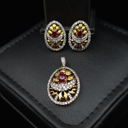 Silver and Zirconia with Chetam Ruby Gold-plated Pendant Set