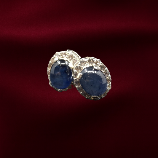 Sapphire Cabochon and Zircon on Silver Earrings