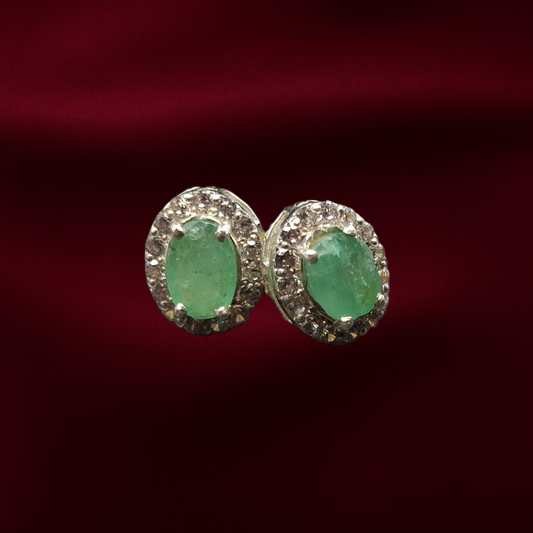 Natural Emerald and Zircon on Silver Earrings