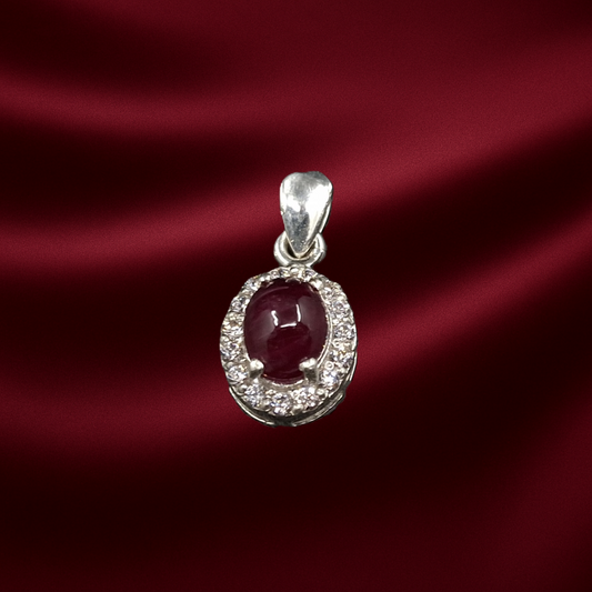 African Ruby Cabochon and Zircon on Silver Pendant