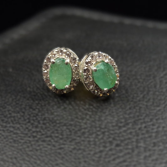 Natural Emerald and Zircon on Silver Earrings