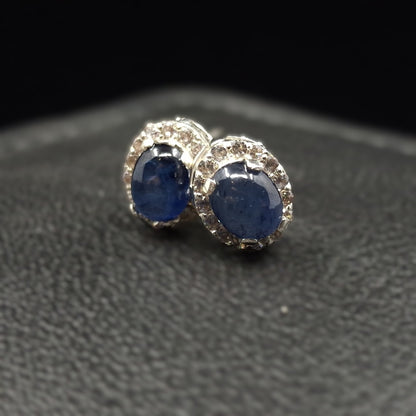 Sapphire Cabochon and Zircon on Silver Earrings