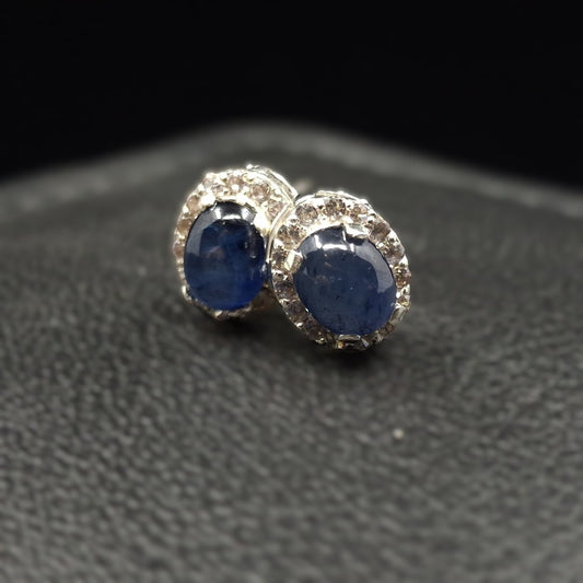 Sapphire Cabochon and Zircon on Silver Earrings